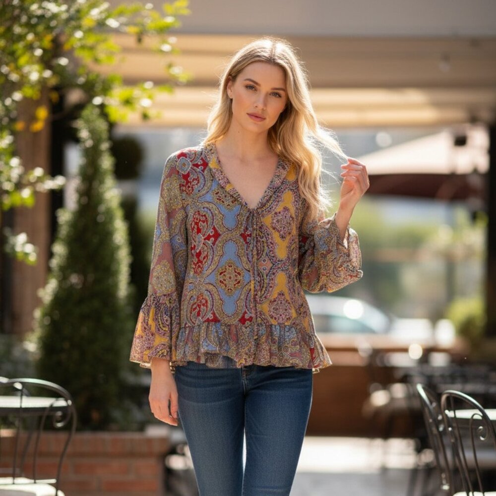 Cato Paisley Blouse Ruffle Bell Sleeve Bohemian XS